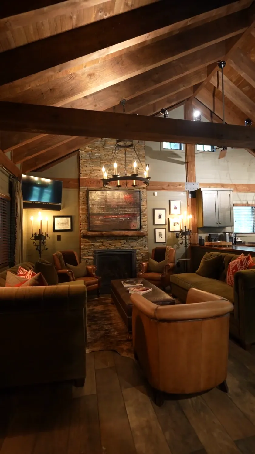 The great room at the Riverfront Hideaway cabin, from the film
